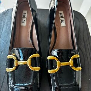 Bibi Lou Black Patent Leather Loafers with Gold Accent